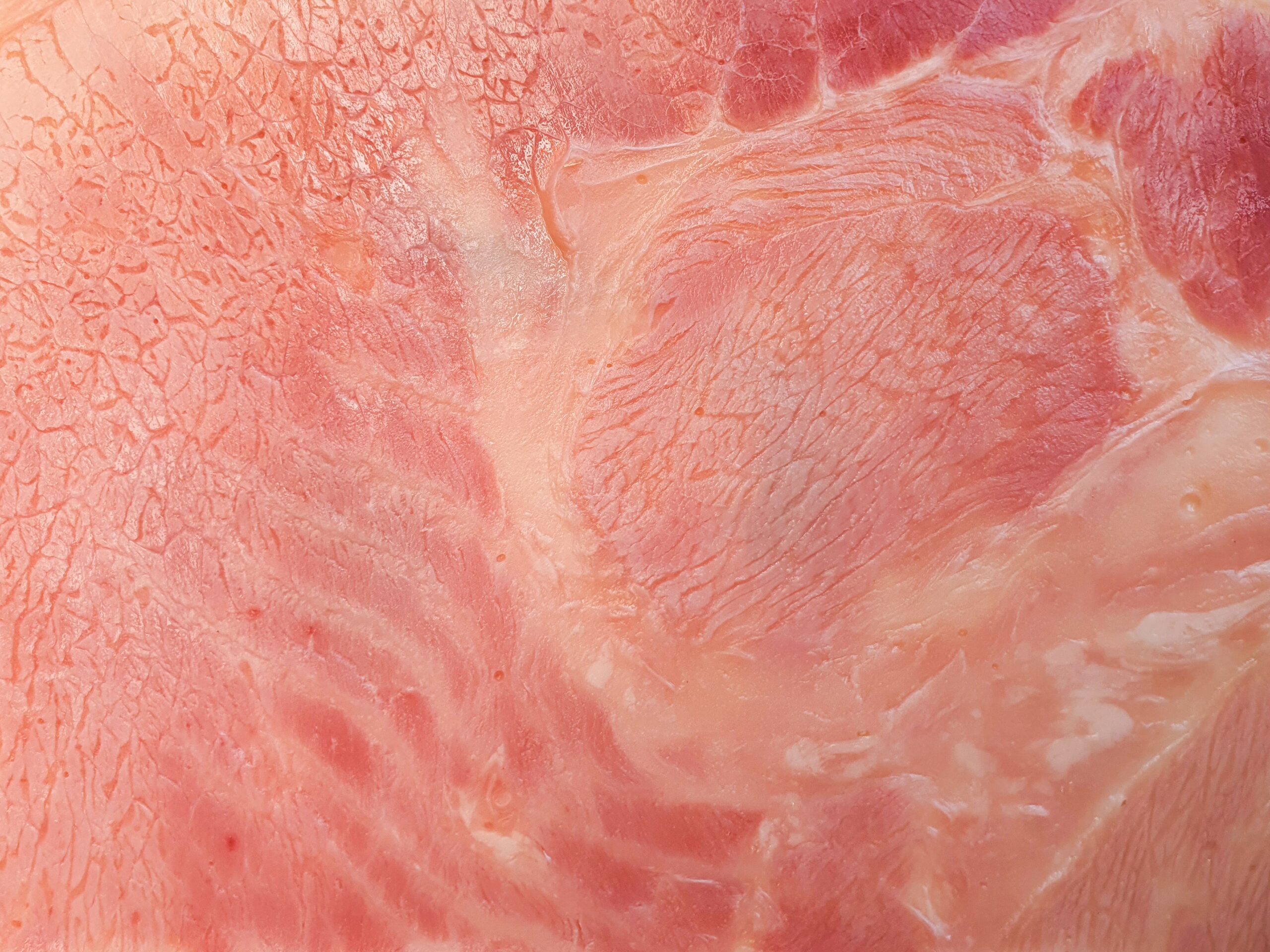 Detailed close-up of raw prosciutto showcasing texture and marbling.