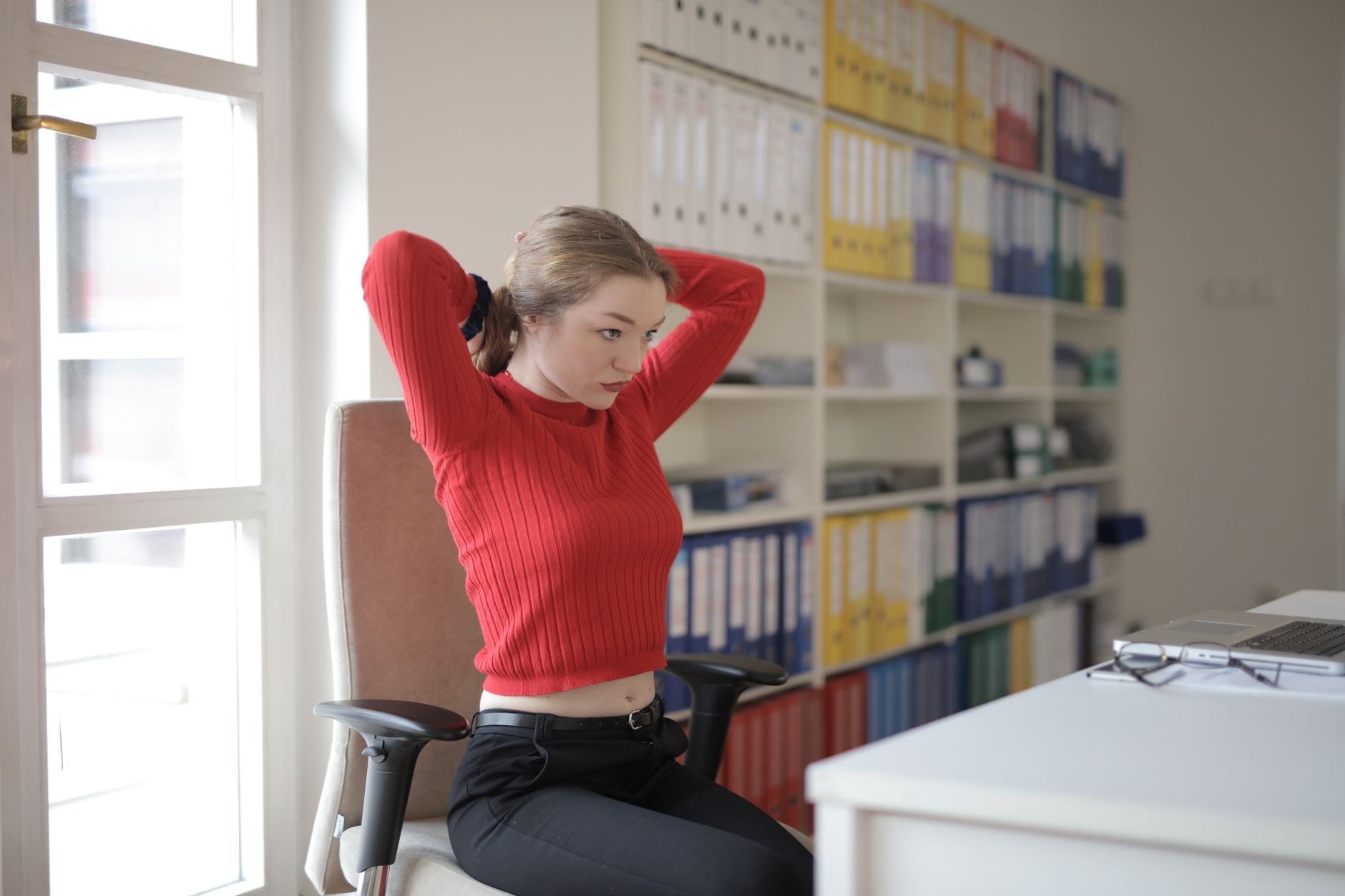 desk stretch, sitting stretch, office exercise, wellness