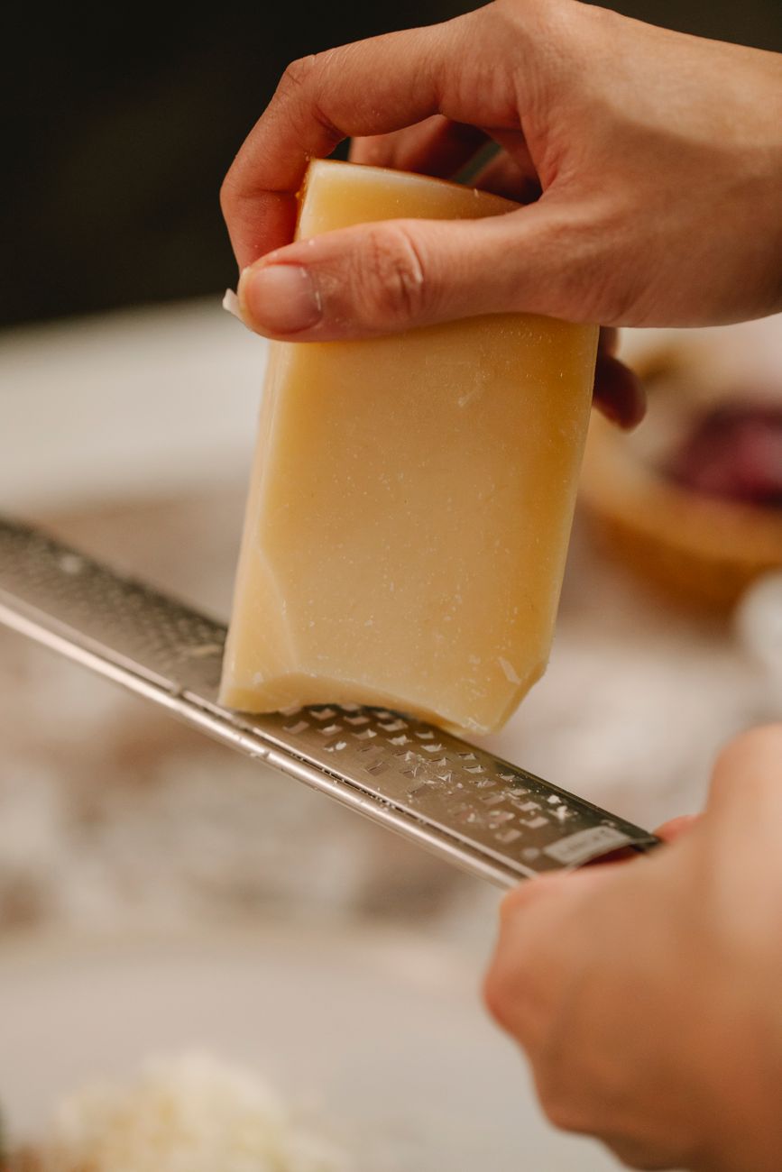 grate cold butter, pastry dough, pie crust, biscuits, food processor hack